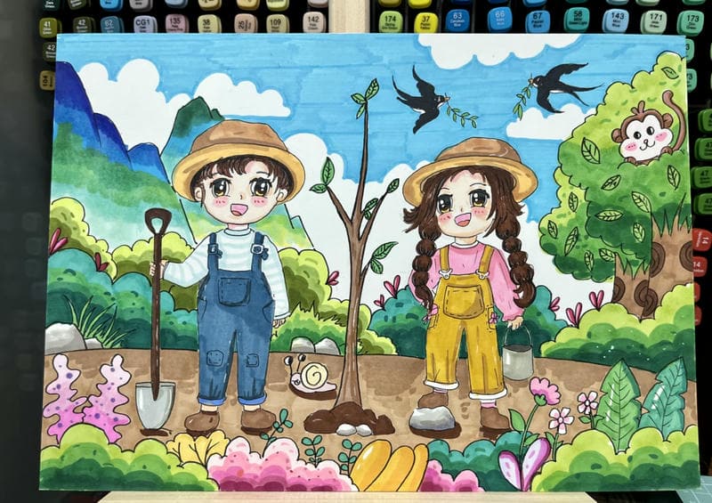 Ảnh vẽ lao động trồng cây bảo vệ môi trường