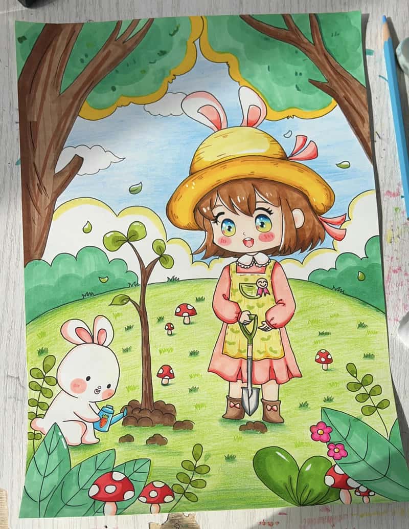 Ảnh vẽ lao động trồng hoa làm đẹp cảnh quan