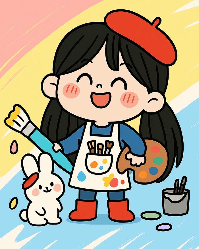 Bé tập làm họa sĩ cầm cọ và bảng màu vui tươi