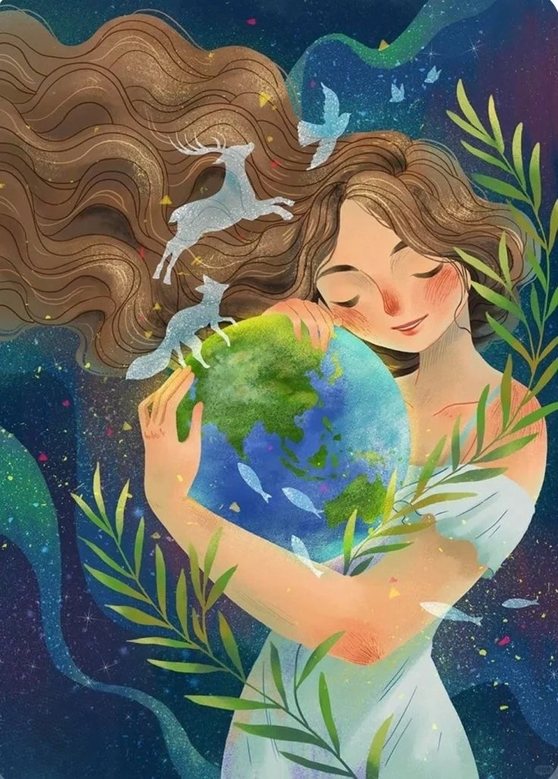 Hình ảnh hòa bình cô gái ôm trái đất tóc mây