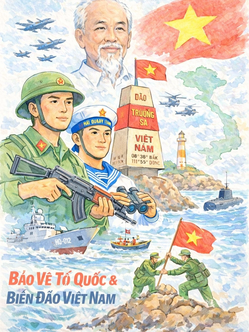 Tranh cổ động Việt Nam Bác Hồ và hải đảo xa