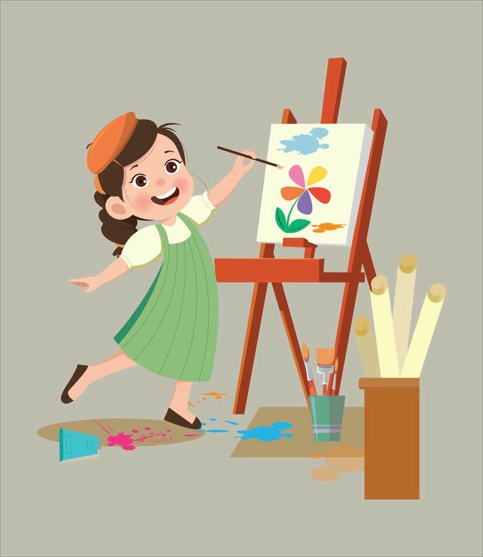 Tranh minh họa họa sĩ bé gái chạy nhảy bên giá vẽ