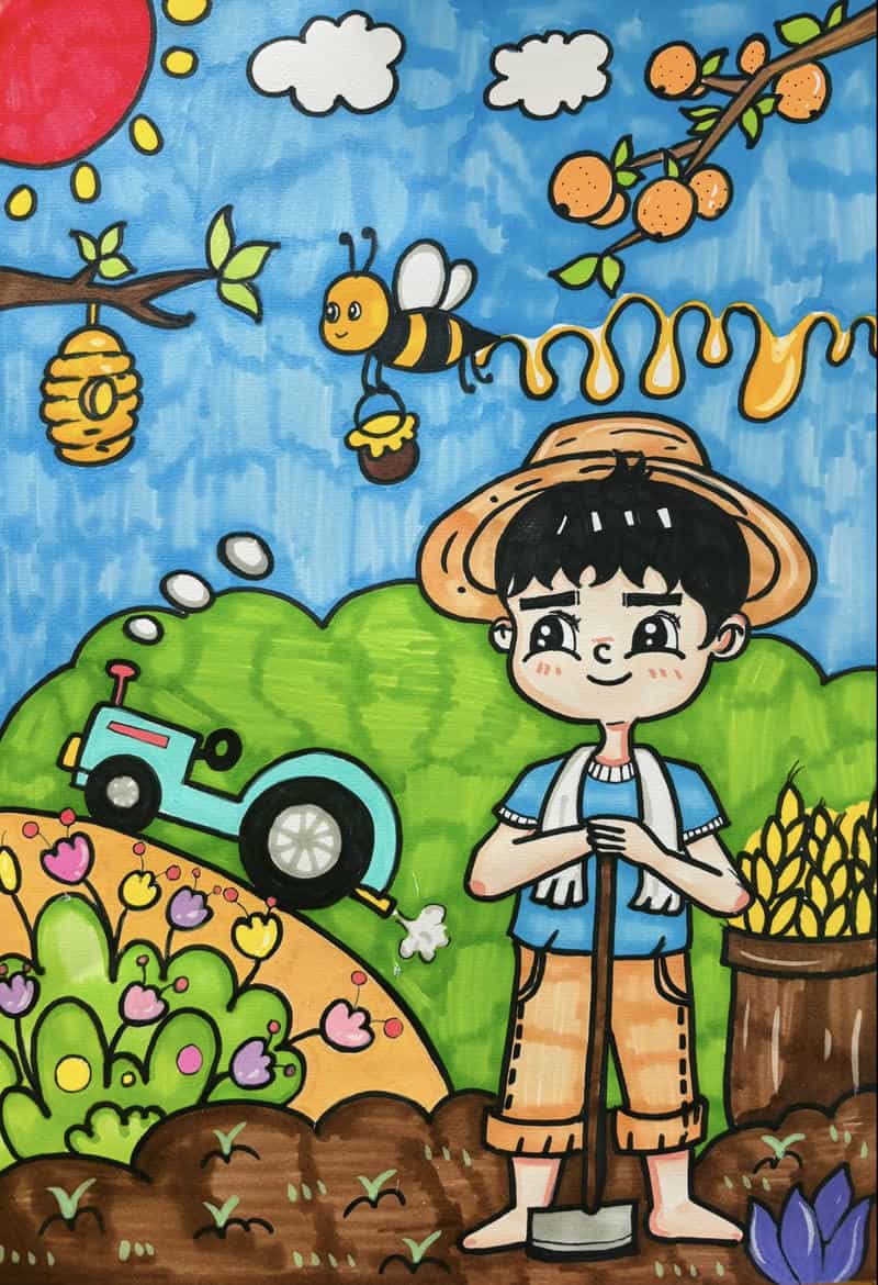 Tranh vẽ bé lao động ở vườn