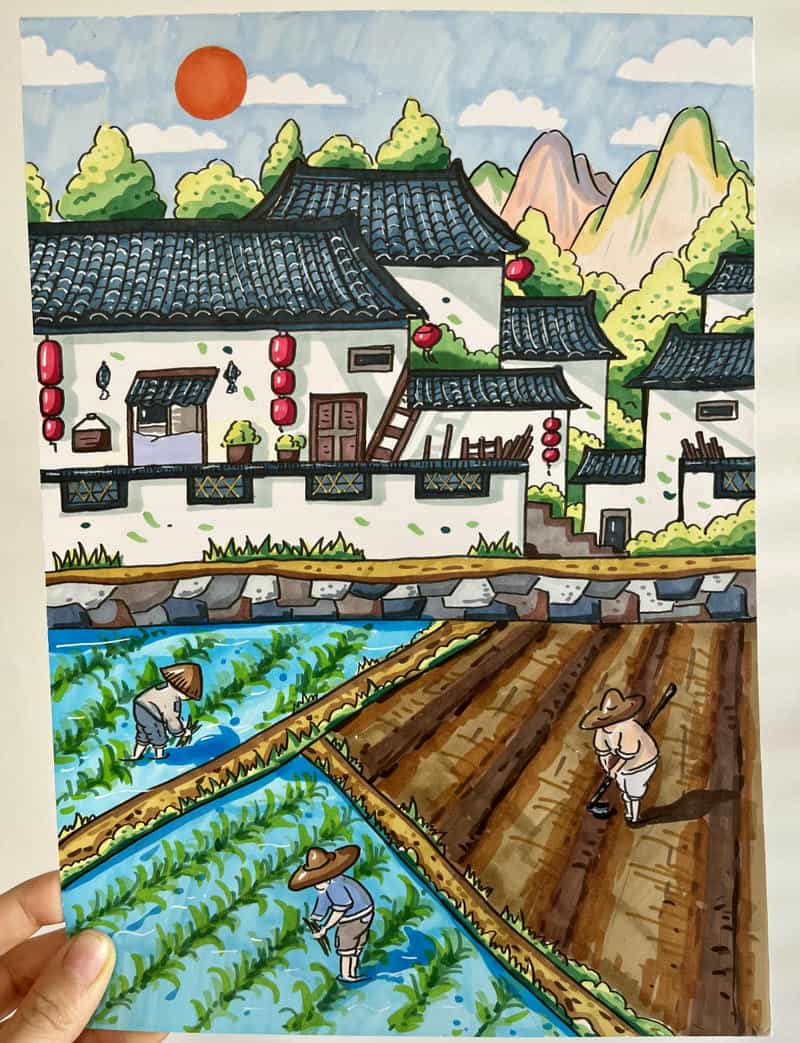 Tranh vẽ đồng quê có người lao động