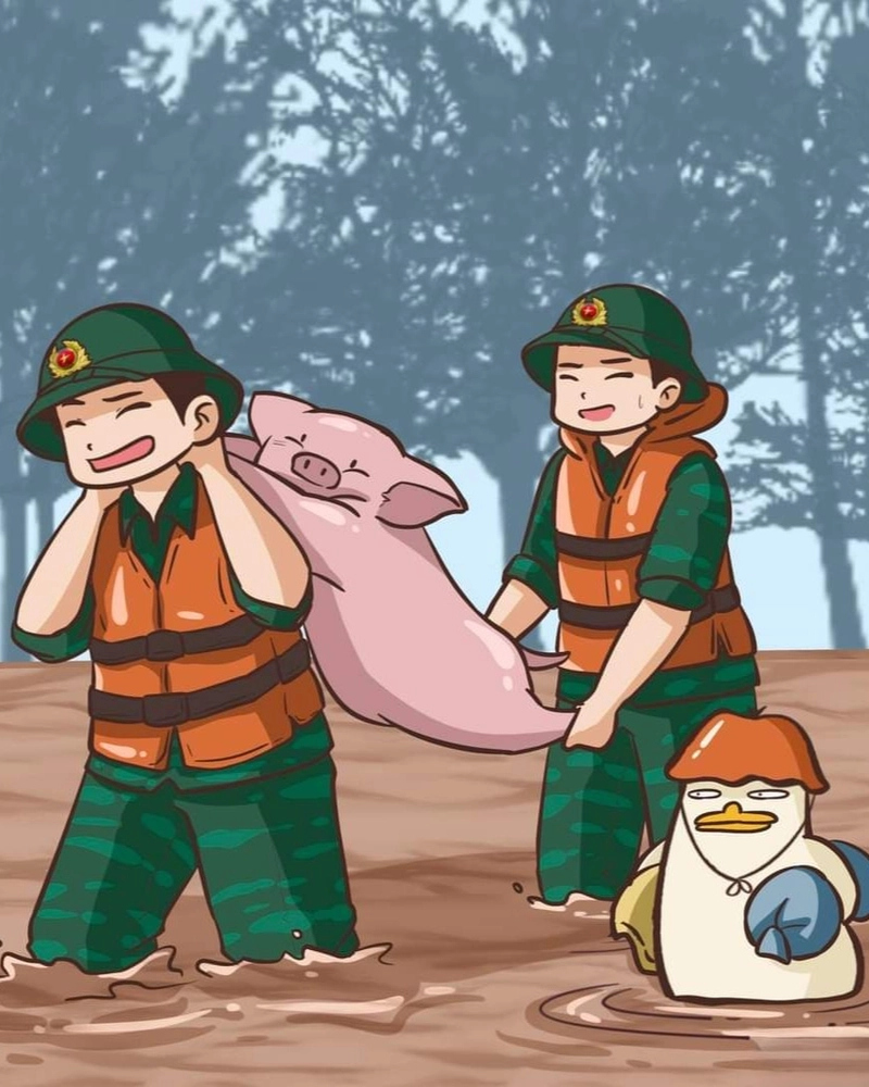 Tranh vẽ em yêu tổ quốc Việt Nam bộ đội lội nước lũ