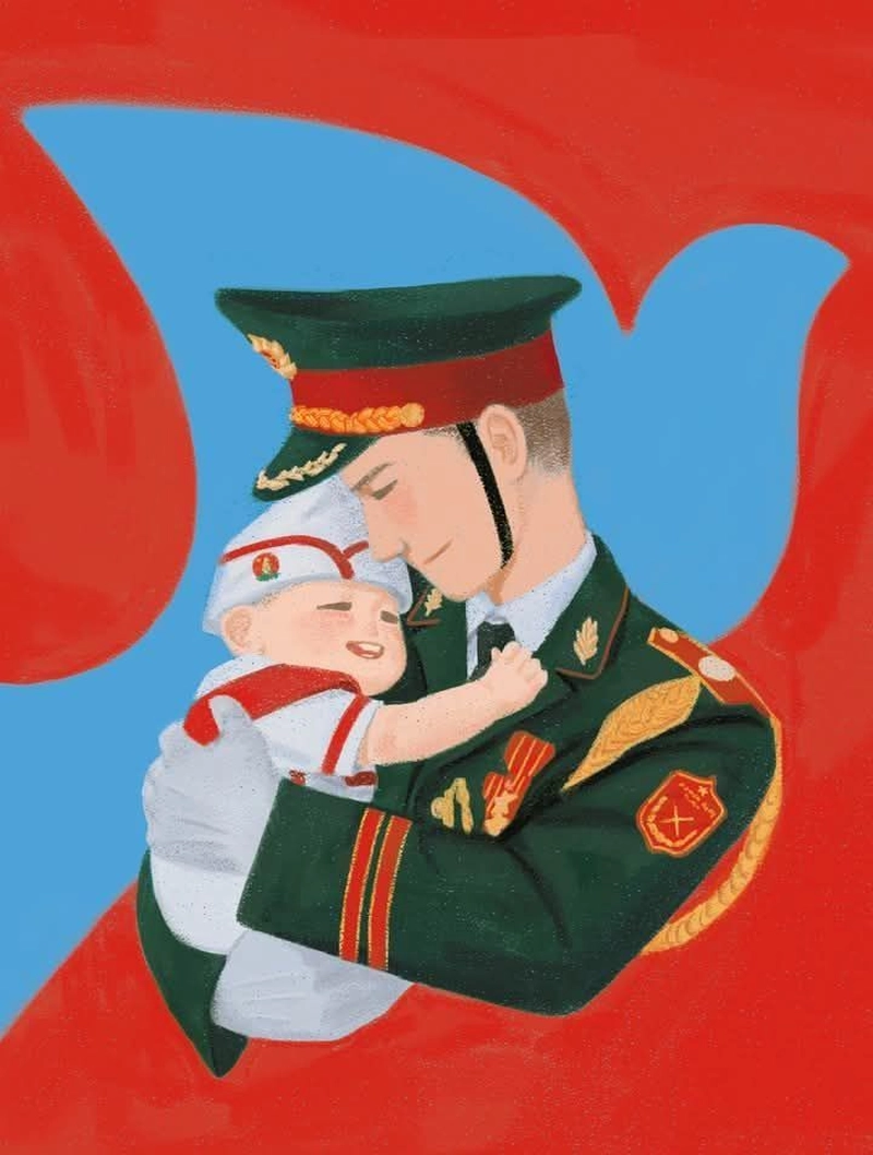 Tranh vẽ em yêu tổ quốc Việt Nam chú bộ đội bế bé