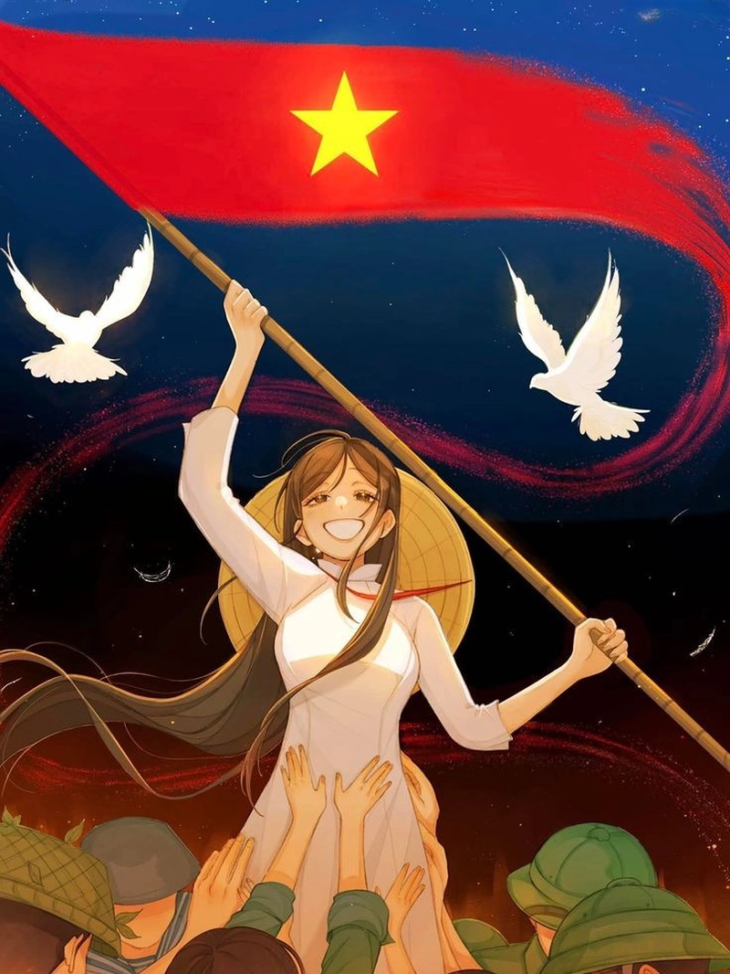 Tranh vẽ em yêu tổ quốc Việt Nam cô gái chạy cầm cờ