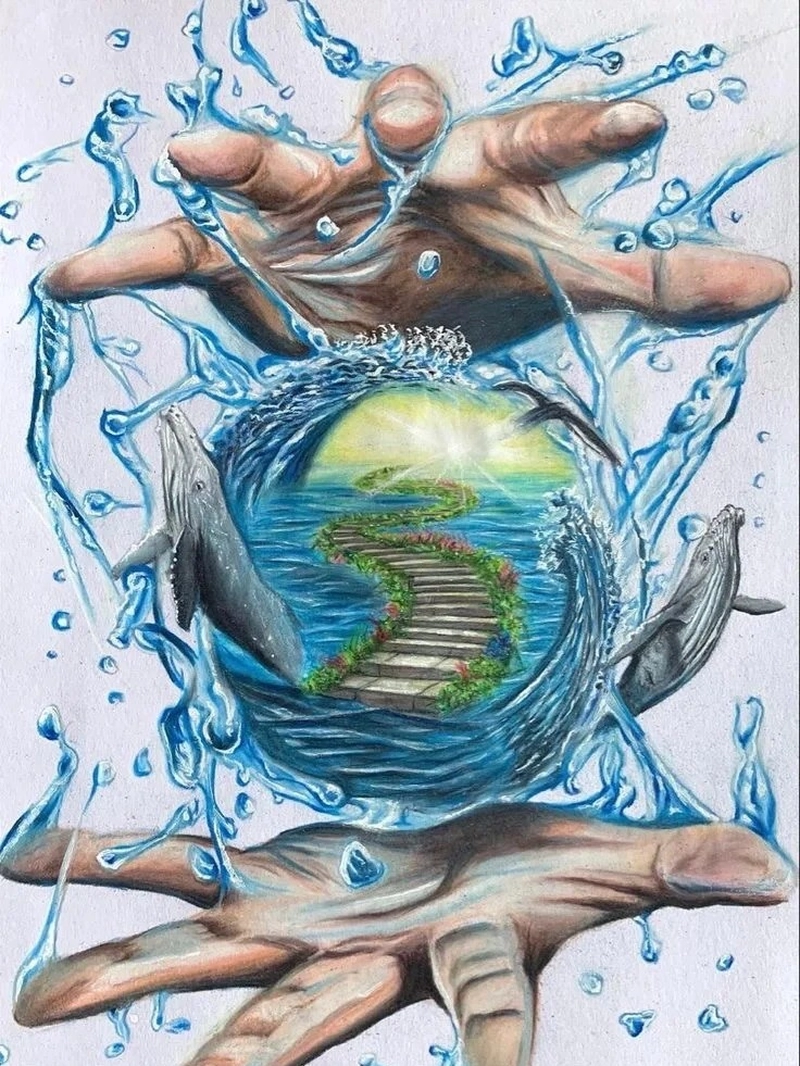 Tranh vẽ hòa bình thế giới đôi tay bảo vệ đại dương