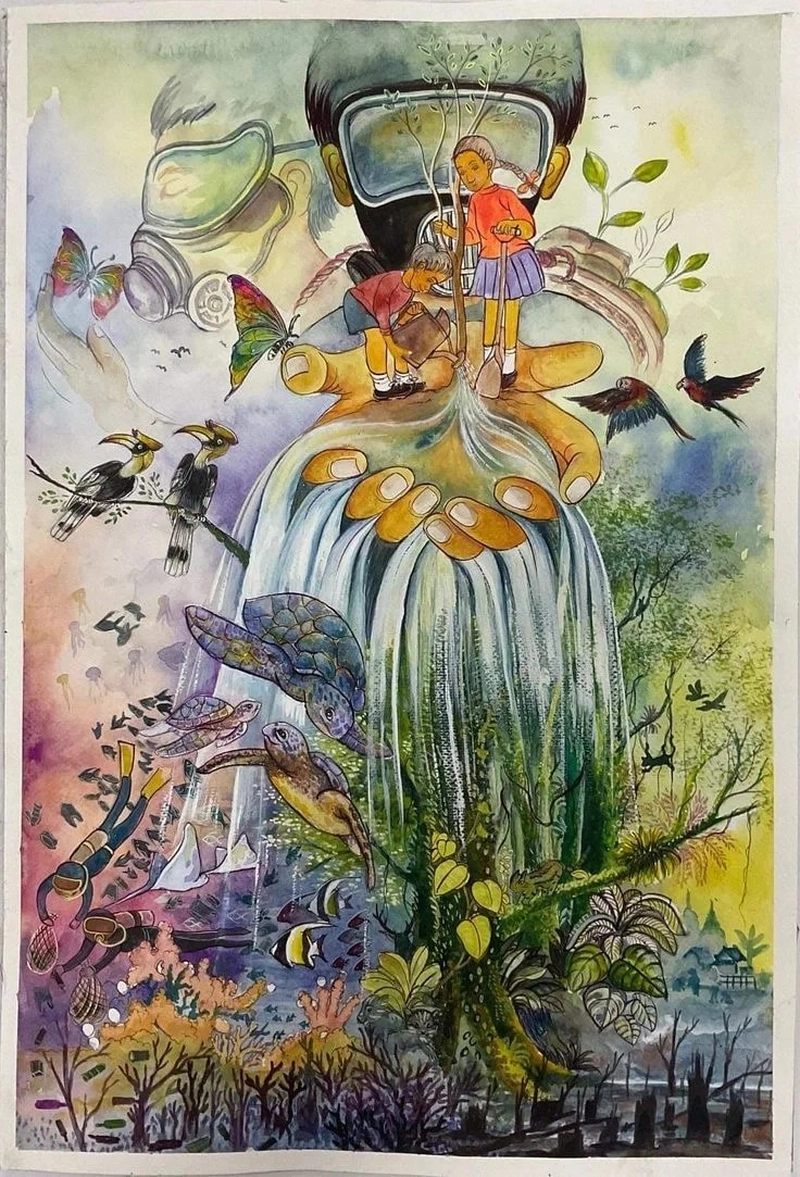 Tranh vẽ hòa bình thế giới thiên nhiên hòa quyện con người