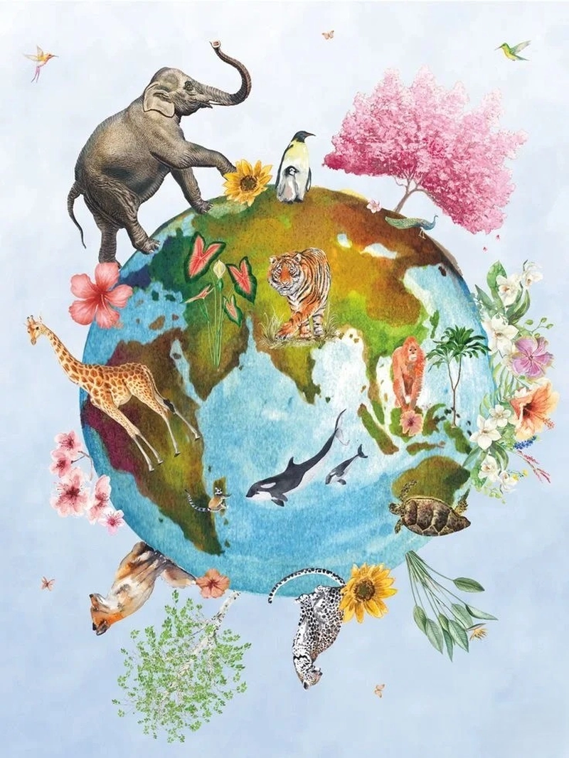 Tranh vẽ trái đất xanh cùng các loài động vật hoang dã