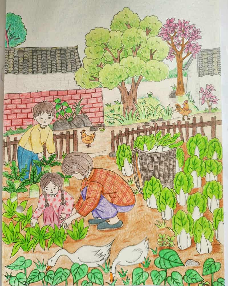 Vẽ tranh bạn nhỏ lao động ở vườn