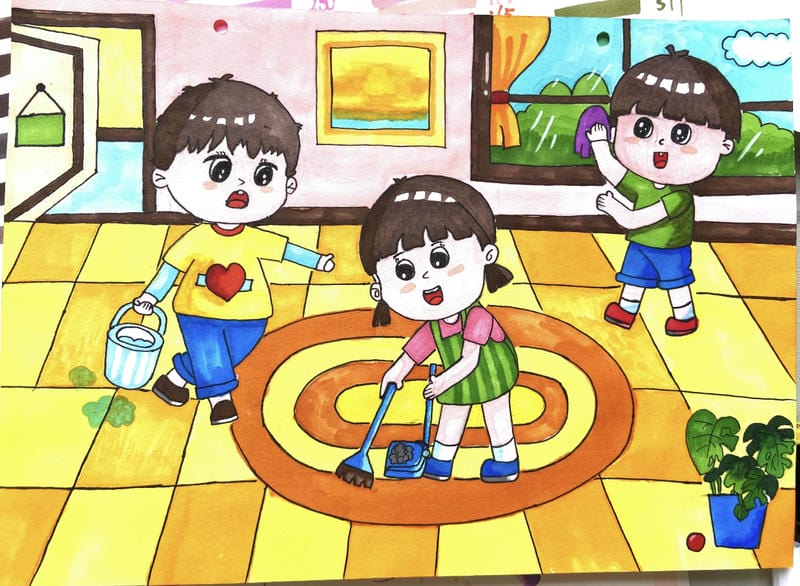 Vẽ tranh lao động giúp đỡ mẹ việc nhà