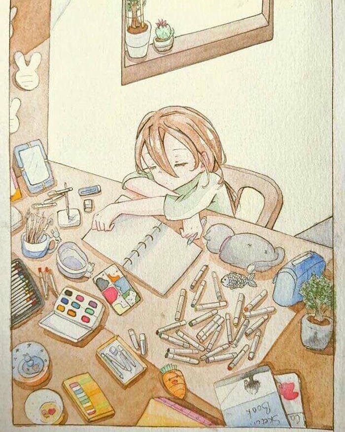 Vẽ tranh nghề nghiệp họa sĩ bàn làm việc bừa bộn giấy