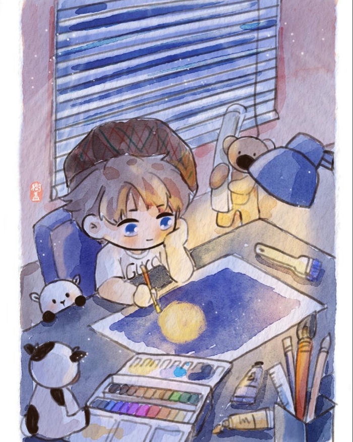 Vẽ tranh nghề nghiệp họa sĩ bé trai vẽ bên cửa sổ