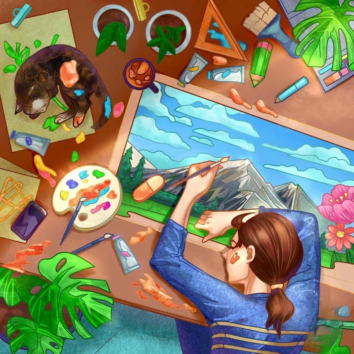 Vẽ tranh nghề nghiệp họa sĩ góc nhìn từ trên xuống đẹp