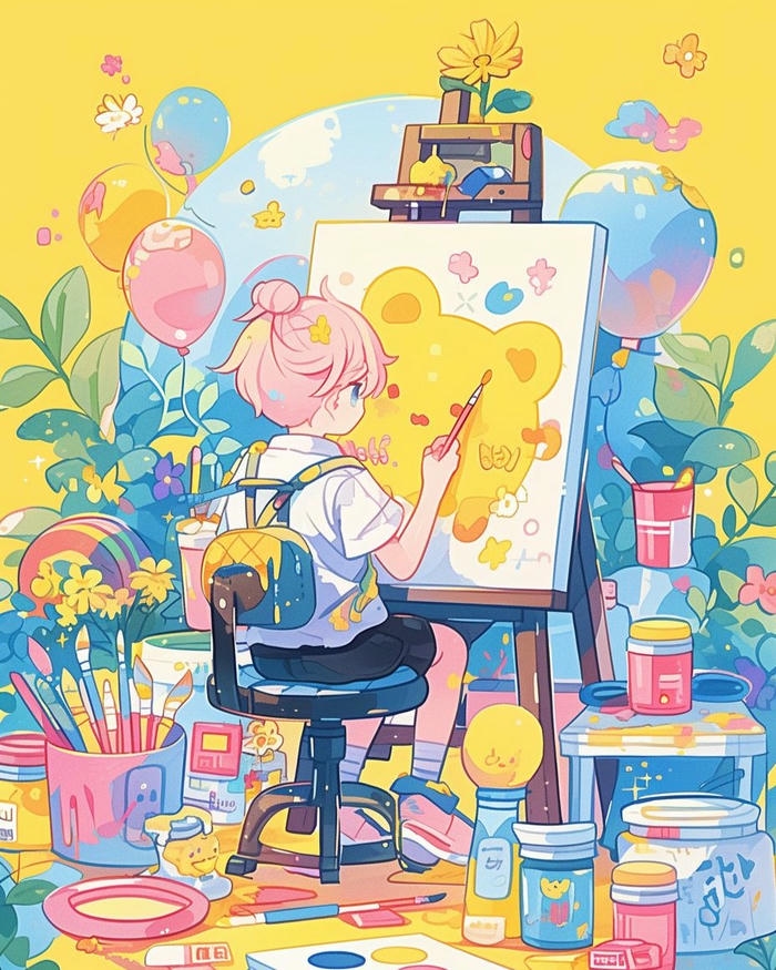 Vẽ tranh nghề nghiệp họa sĩ không gian làm việc nhiều màu