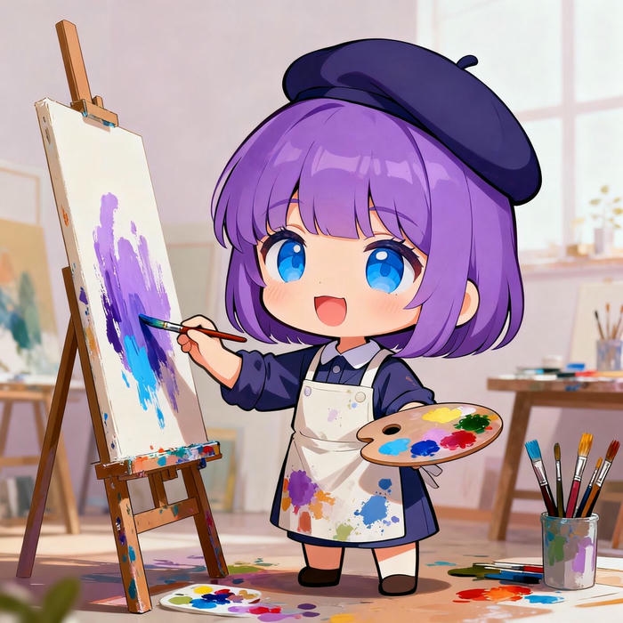 Vẽ tranh nghề nghiệp họa sĩ tóc tím vẽ màu trừu tượng