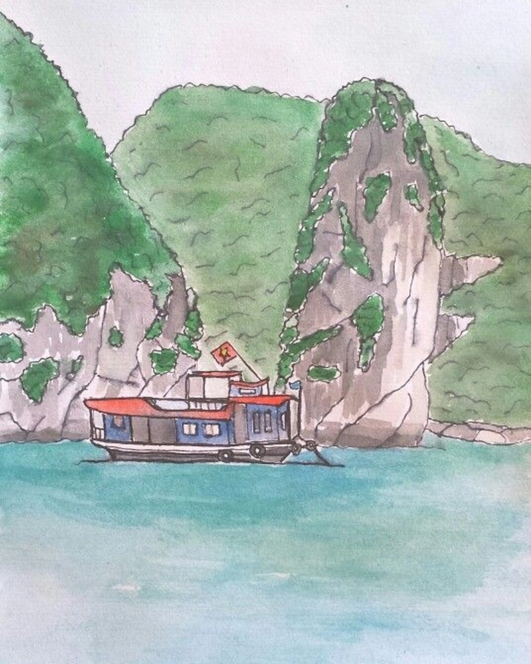 Vẽ vịnh hạ long đẹp yên bình nổi