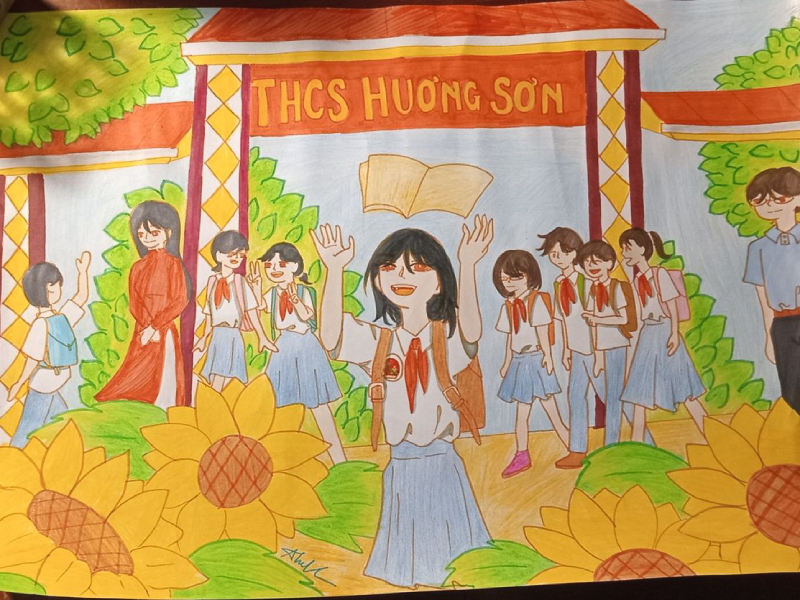 ảnh vẽ tranh thầy cô và mái trường dễ thương