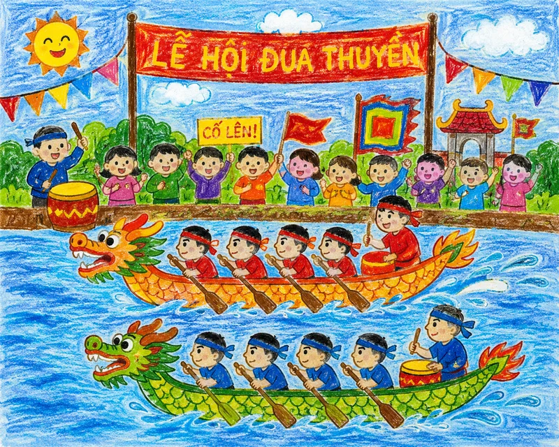 bức tranh lễ hội đua thuyền đẹp mắt dễ vẽ nhất dành cho bé