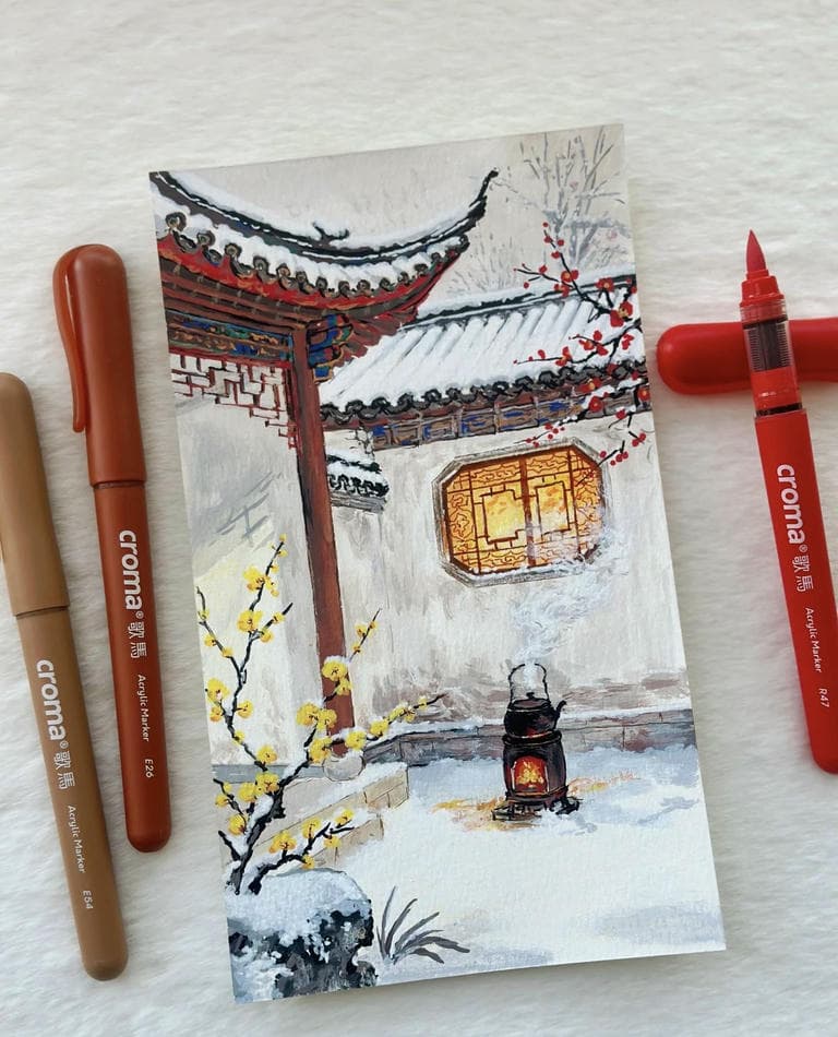 bức vẽ mùa đông 1 góc nhà nhỏ