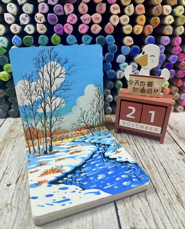 bức vẽ mùa đông dòng sông yên bình