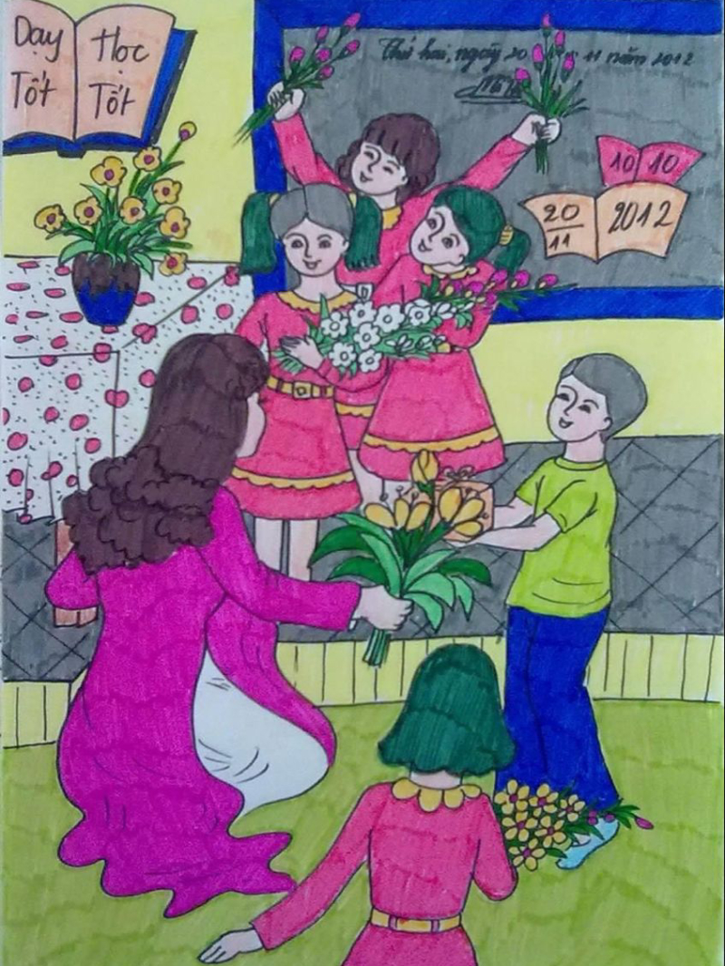 hình vẽ tranh thầy cô và mái trường lớp