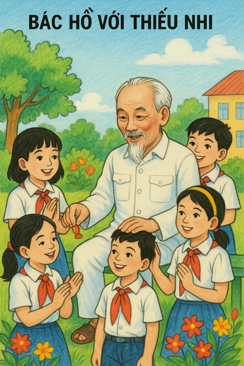vẽ tranh bác hồ đeo khăn quàng cho thiếu nhi 