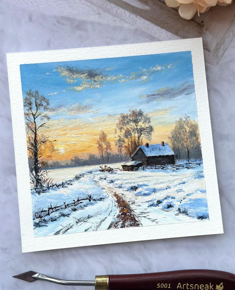 tranh vẽ bình minh mùa đông lãng mạn