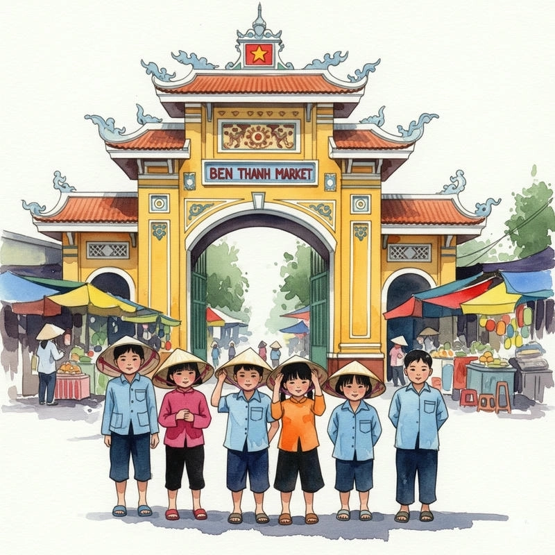 chợ bến thành tranh vẽ 