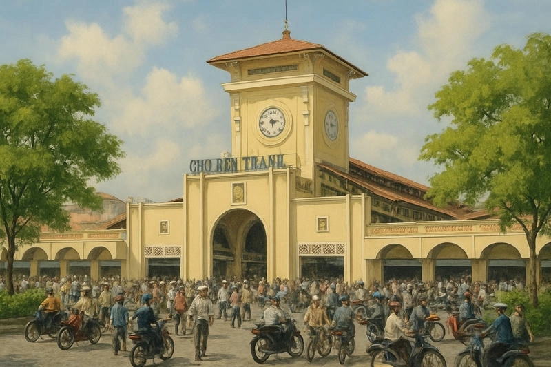 chợ bến thành vẽ tay 