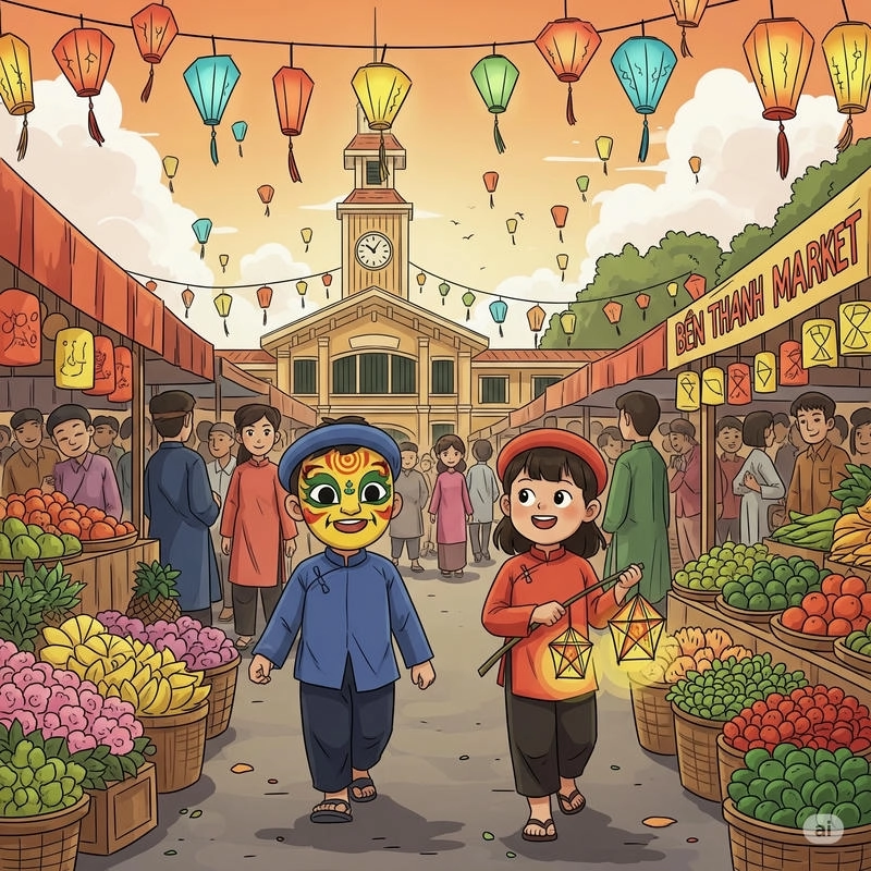 tranh vẽ chợ bến thành 