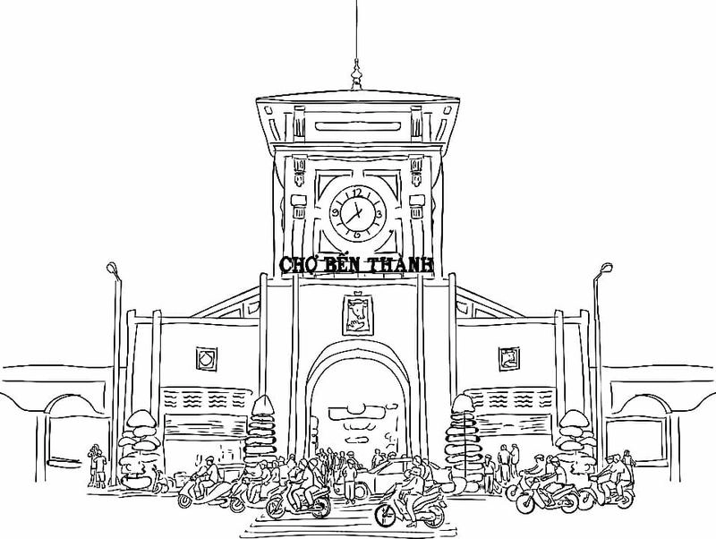 vẽ chợ bến thành nghệ thuật 
