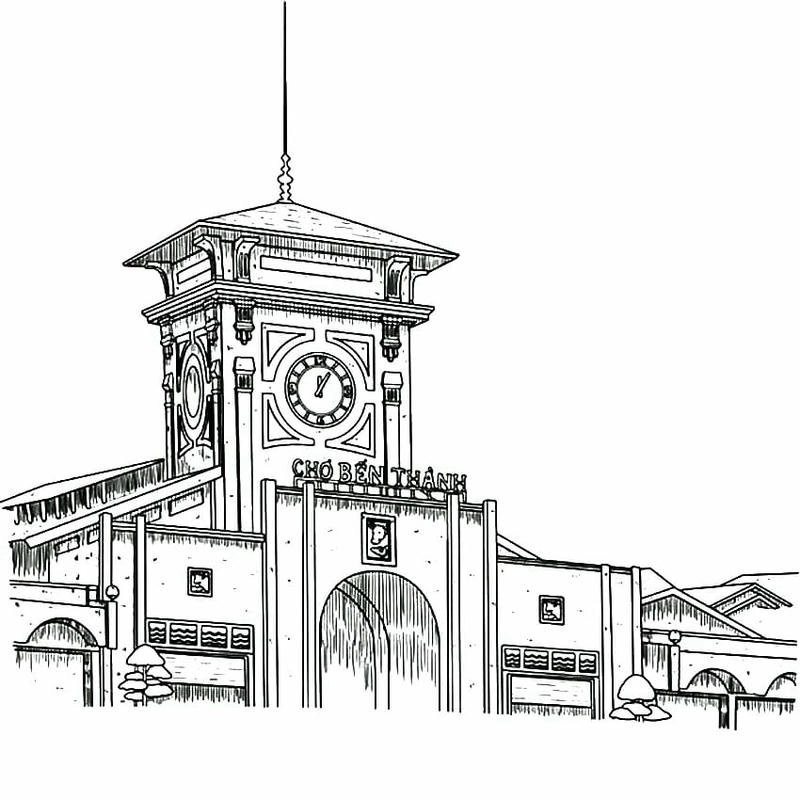 chợ bến thành vẽ phác họa 