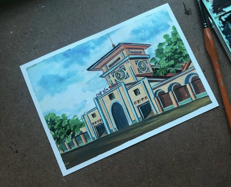 hình vẽ chợ bến thành đơn giản 