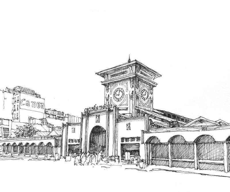 tranh chợ bến thành cổ kính 