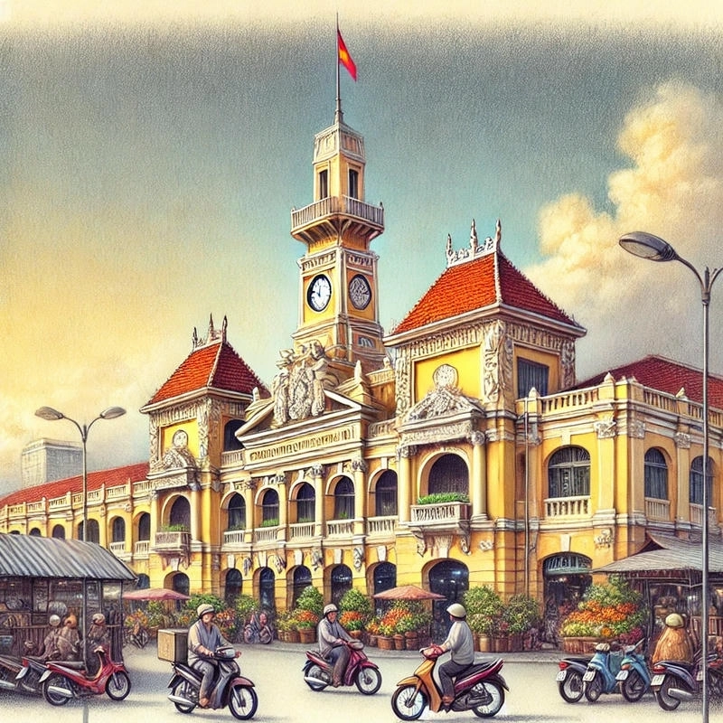 tranh kiến trúc chợ bến thành 