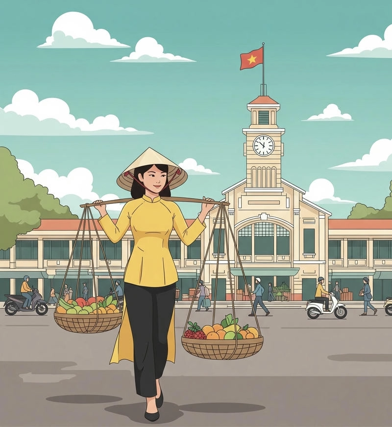 vẽ chợ bến thành đơn giản 