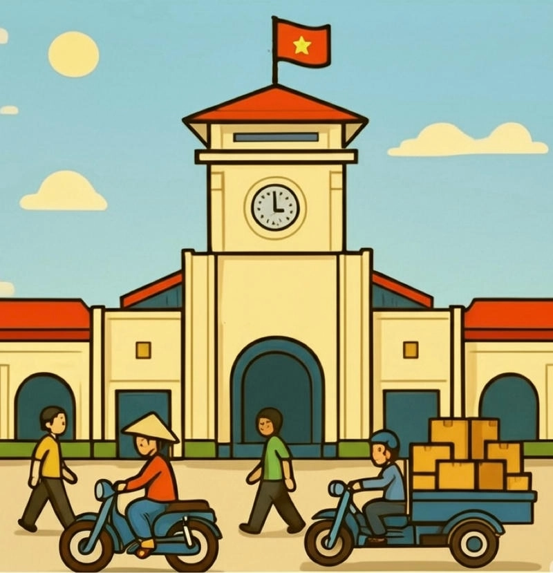 tranh vẽ chợ bến thành đơn giản 