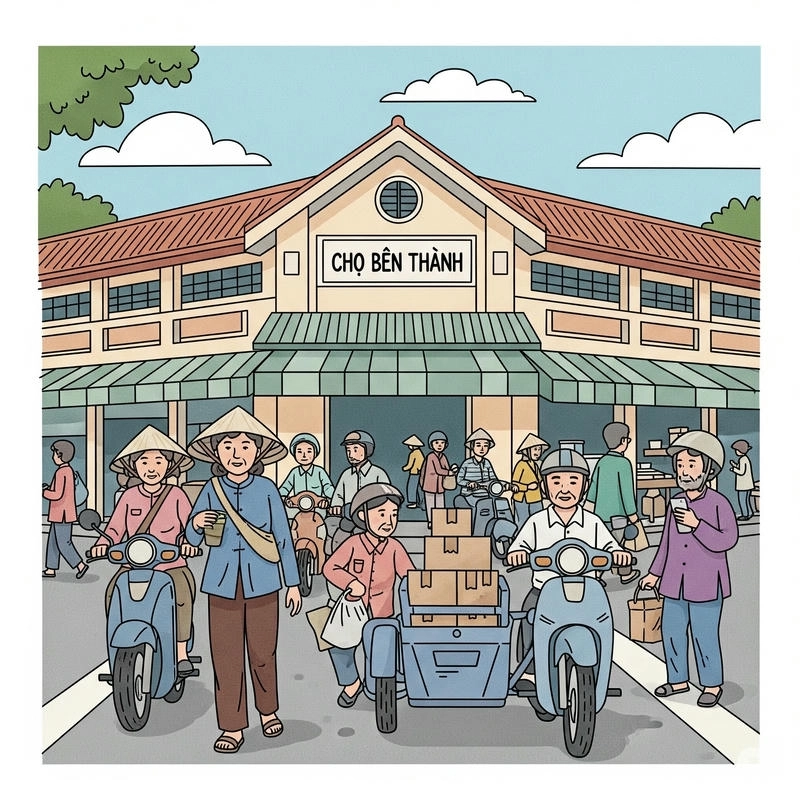 vẽ tranh chợ bến thành 