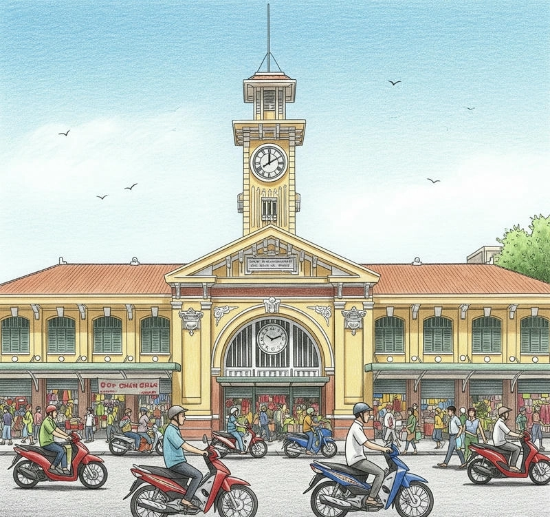 vẽ tranh phong cảnh chợ bến thành 