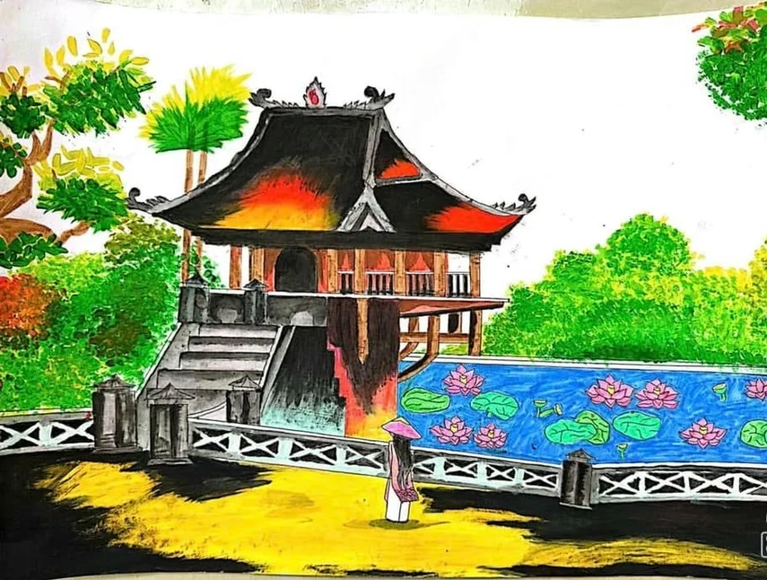 tranh vẽ chùa một cột học sinh lớp 7 