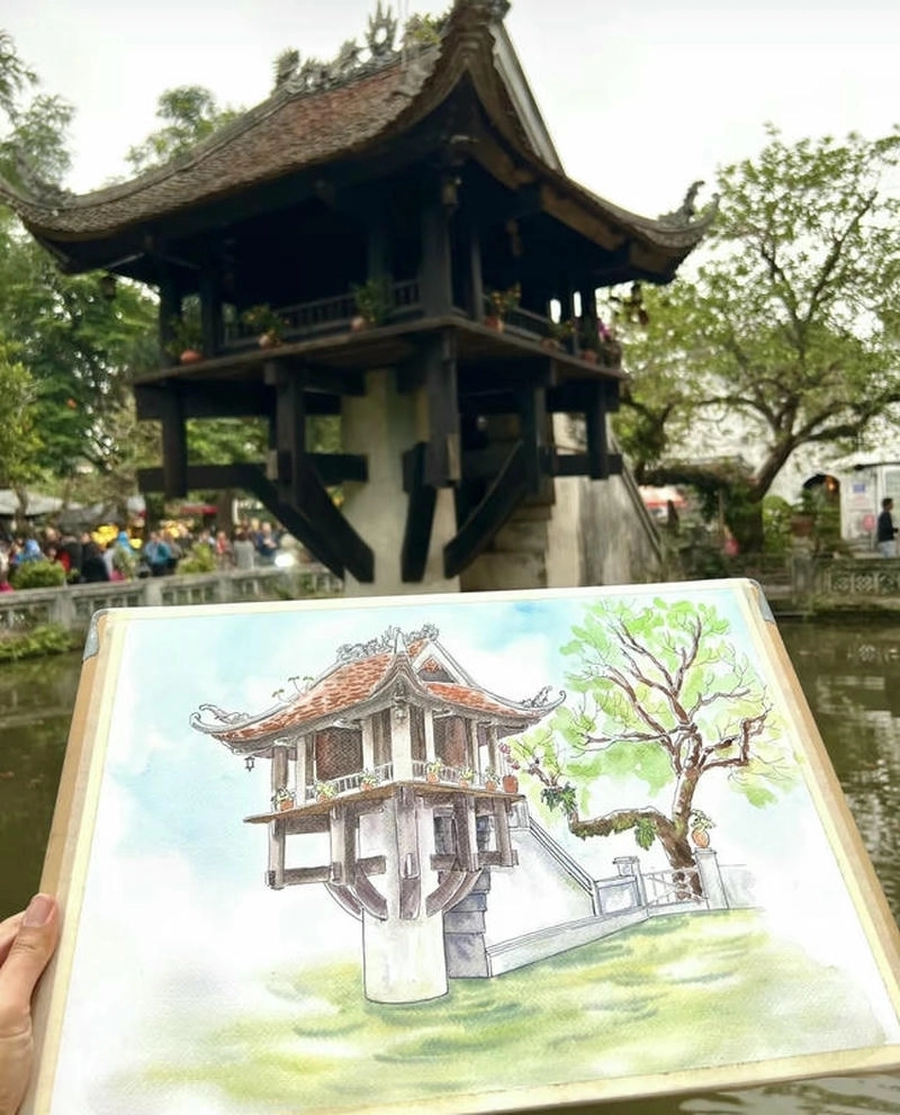 vẽ tranh phong cảnh chùa một cột đơn giản 