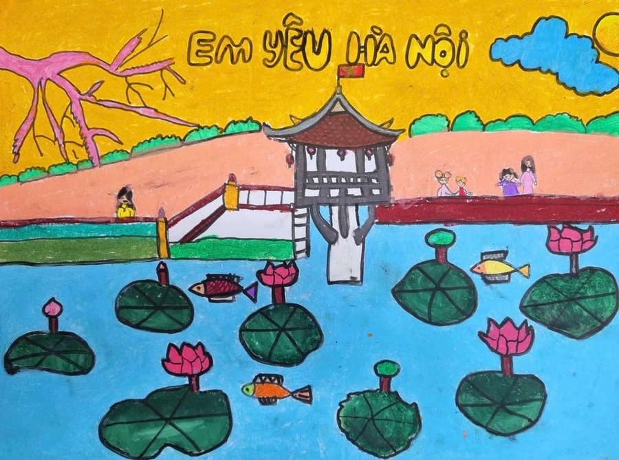 vẽ tranh chùa một cột bằng màu sáp 