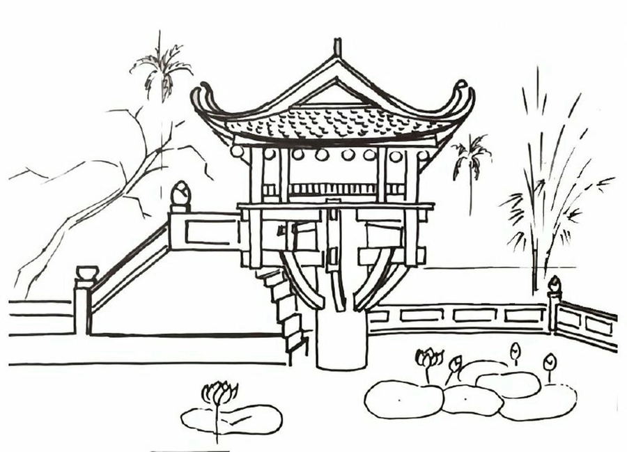 chùa một cột tranh vẽ bút chì đen trắng 