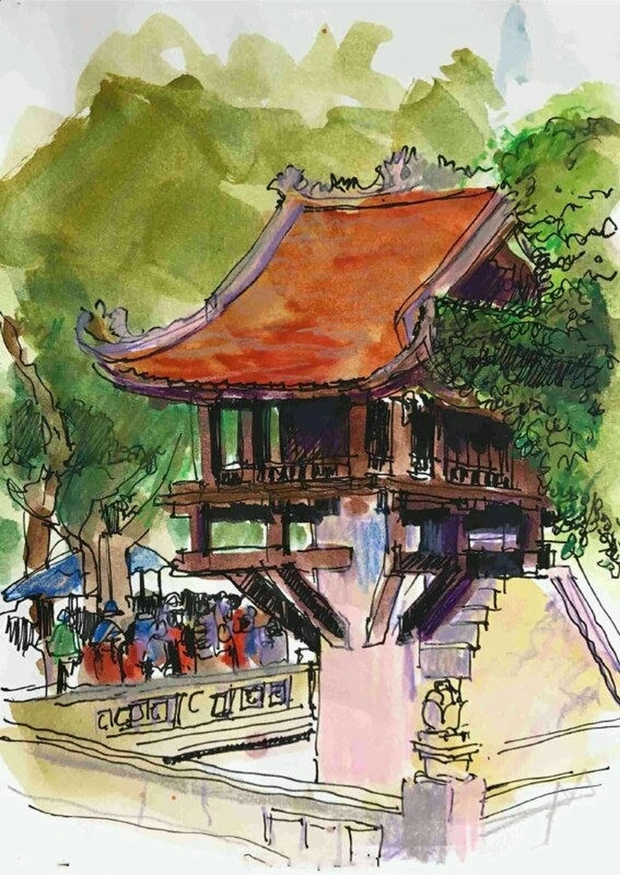 tranh vẽ chùa một cột lớp 7 đề tài mỹ thuật 