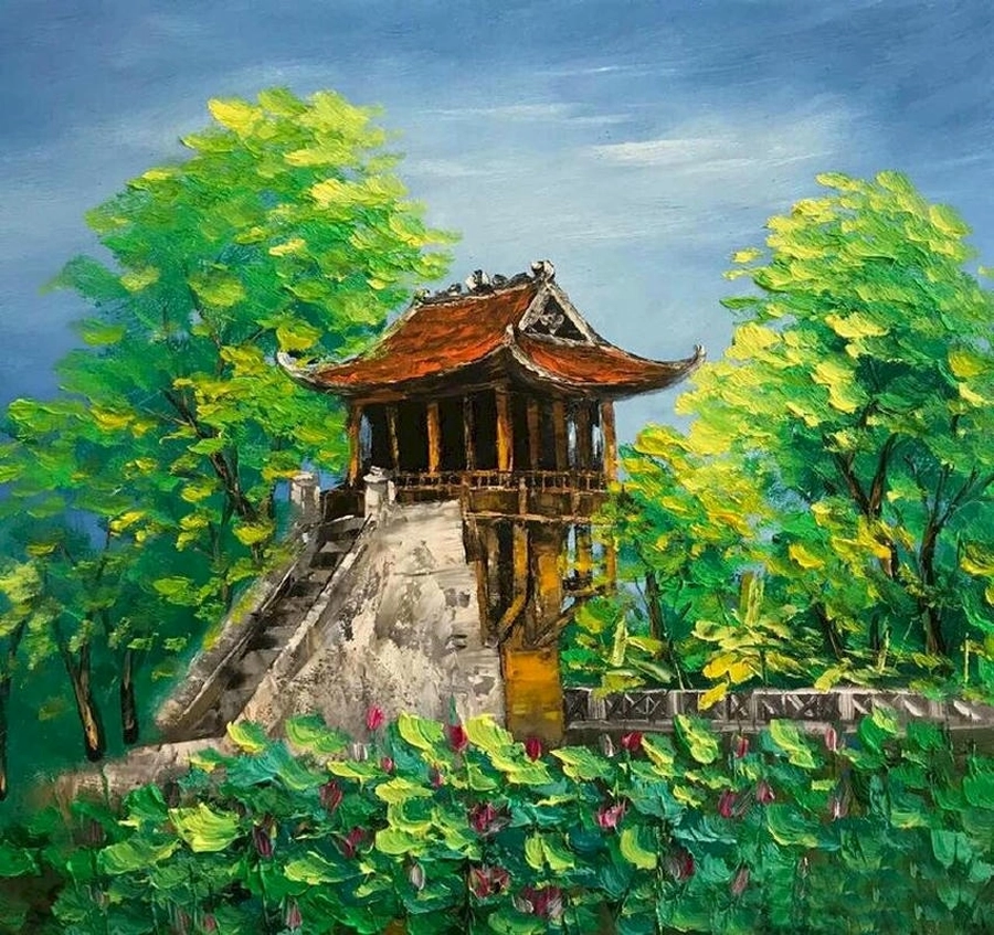 tranh vẽ chùa một cột phong cách học sinh 