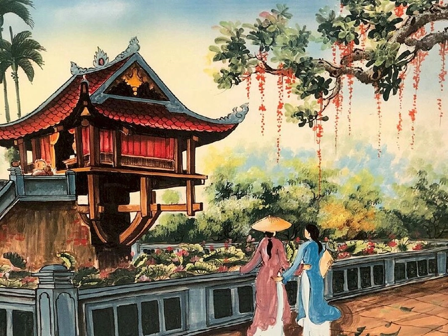 tranh vẽ chùa một cột di tích nổi tiếng 