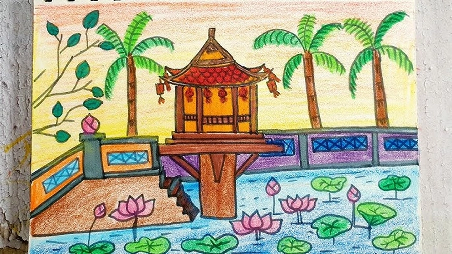 hình vẽ chùa một cột đơn giản dễ vẽ 