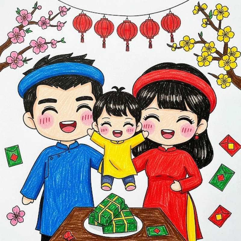 vẽ tranh ăn cơm cùng gia đình 
